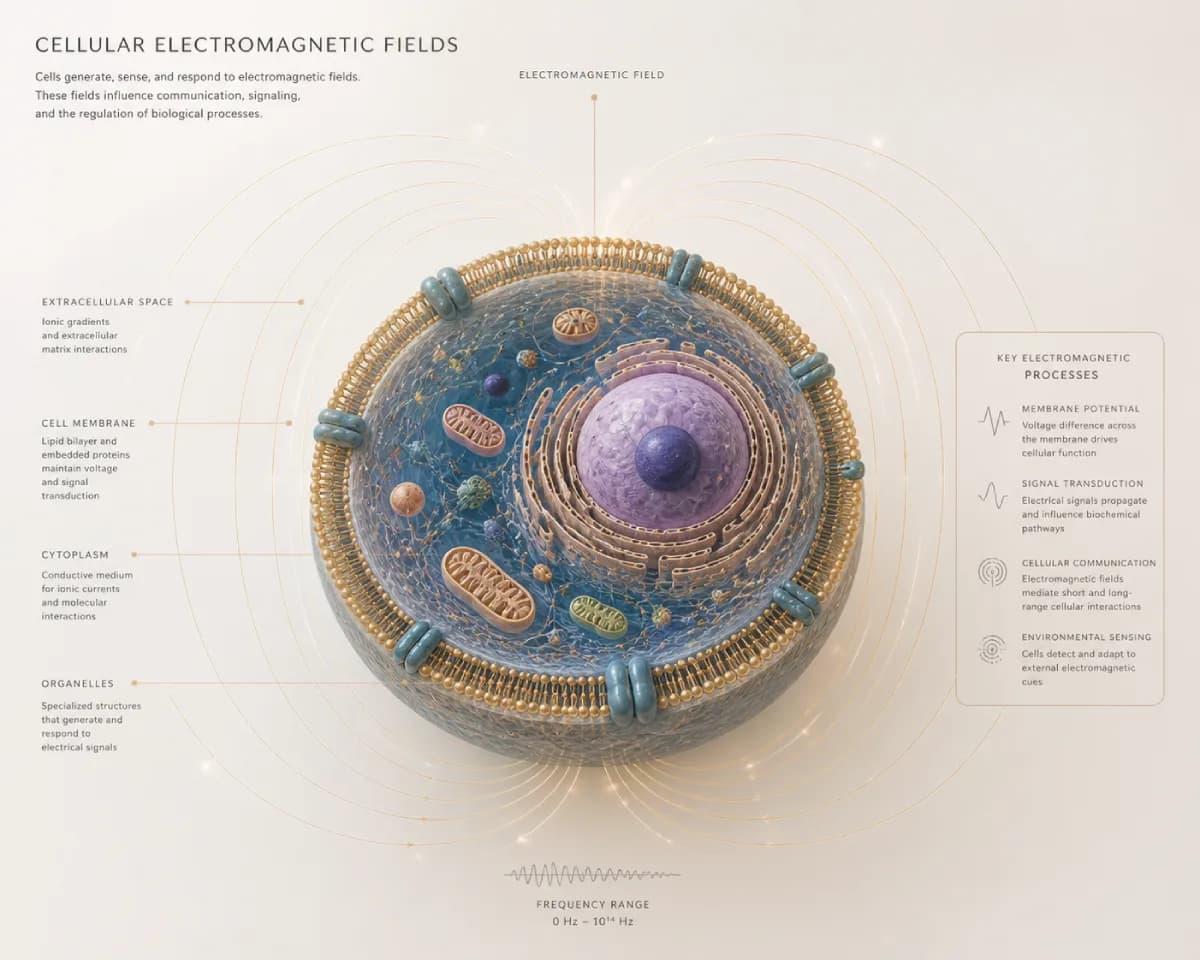 Una visualización del electromagnetismo celular, que representa la interacción dinámica entre estructuras biológicas y frecuencias resonantes.